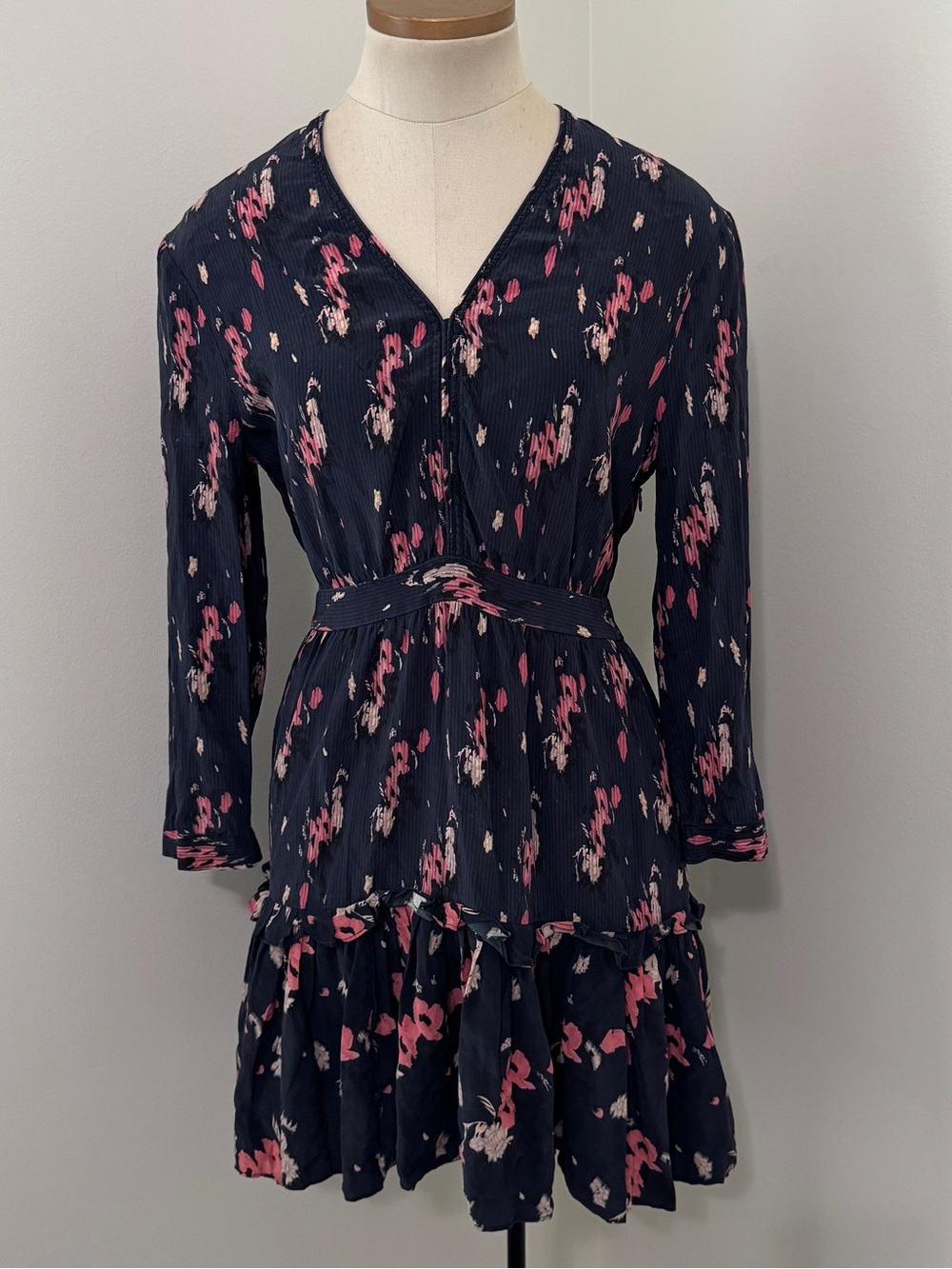 All Saints 4 Navy Blue Print 100% Silk Long Sleeve Fit & Flare Mini Dress